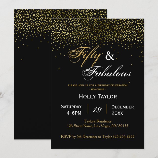 Gold and Black 50th birthday invitation (Front/Back)