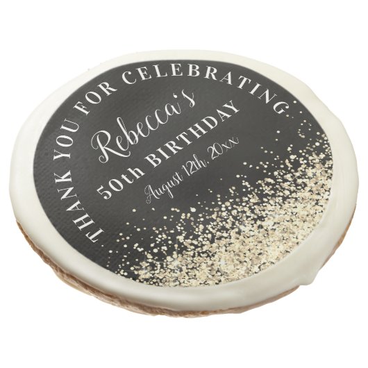 Gold and Black 50th Birthday Thank You Favor Sugar Cookie (Angled)