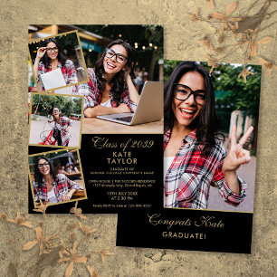 Gold And Black 5 Photo Collage Graduation Party Invitation