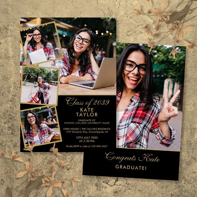 Gold And Black 5 Photo Collage Graduation Party Invitation (Gold And Black 5 Photo Collage Graduation Party Invitation)