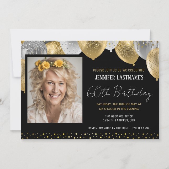 Gold and Black 60th Birthday Photo Invitation (Front)