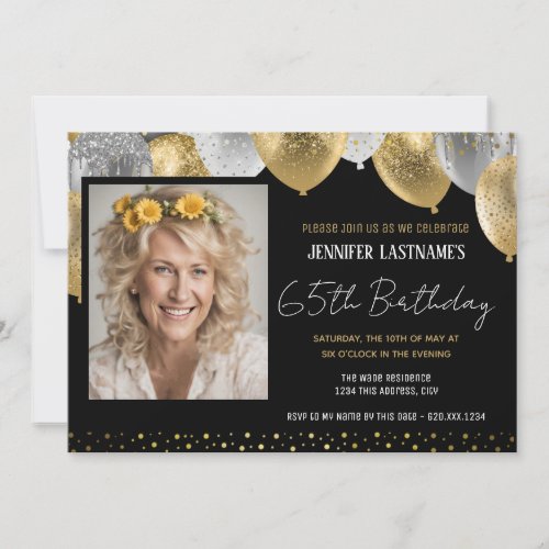 Gold and Black 65th Birthday Photo Invitation