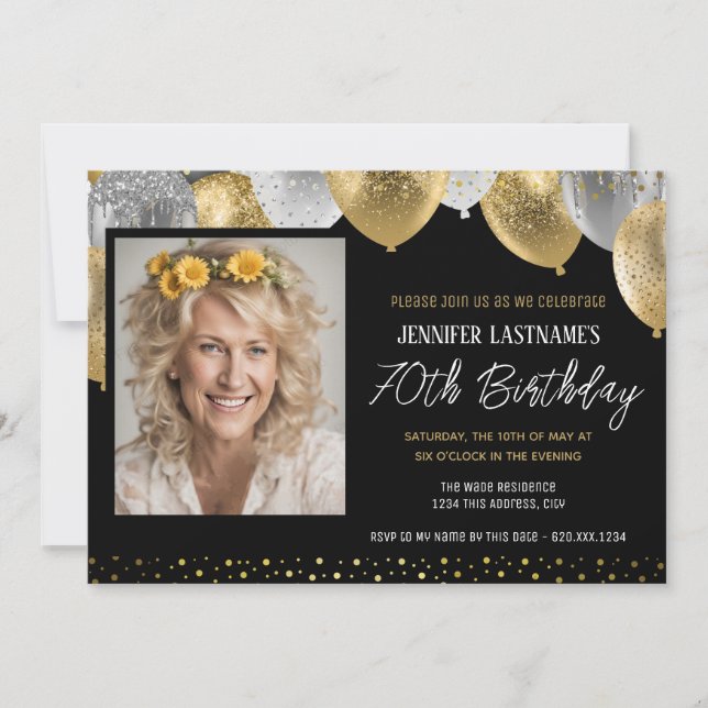 Gold and Black 70th Birthday Photo Invitation (Front)