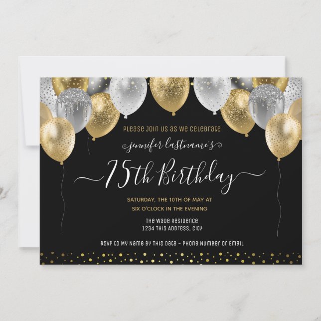 Gold and Black 75th Birthday Invitation (Front)