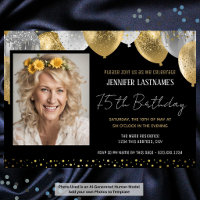 Gold and Black 75th Birthday Photo Invitation