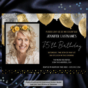 Gold and Black 75th Birthday Photo Invitation
