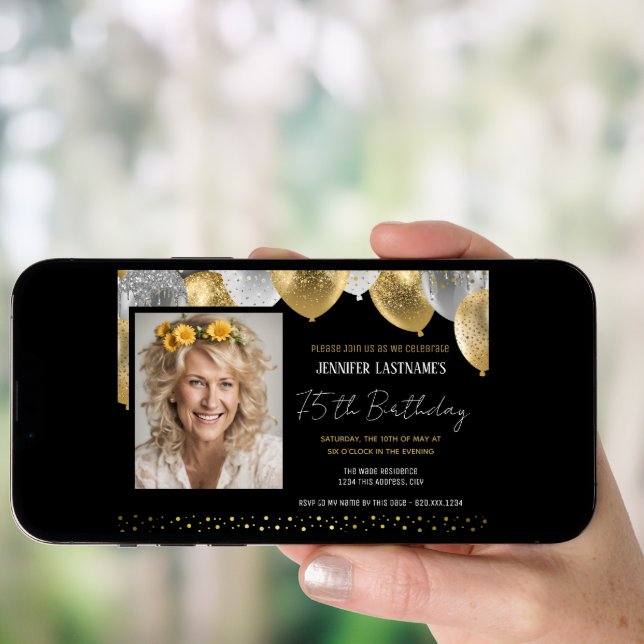 Gold and Black 75th Birthday Photo Invitation (Front Digital)