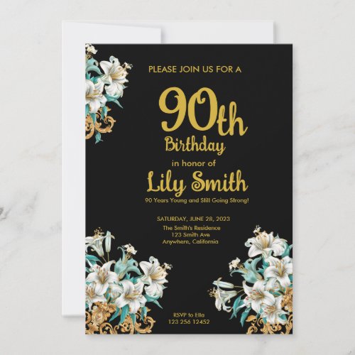 Gold and Black 90th Birthday  Invitation
