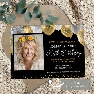 Gold and Black 90th Birthday Photo Invitation
