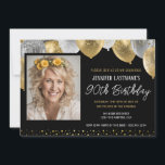 Gold and Black 90th Birthday Photo Invitation<br><div class="desc">Elegant faux silver and gold glitter balloons on the top border. All text is adjustable and easy to change for your own party needs. Great elegant save the date birthday party template design.  any year,  age can be changed</div>