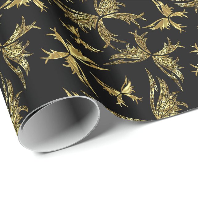 Gold And Black Abstract Butterflies Wrapping Paper (Roll Corner)