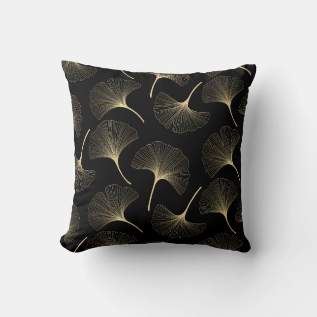 Gold and black abstract flower patte throw pillow (Front)