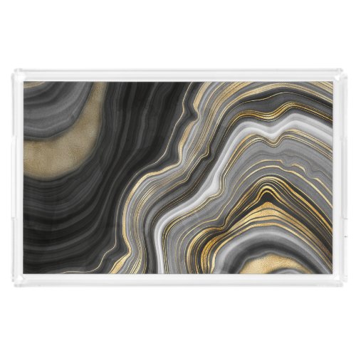 Gold And Black Agate Stone Marble Geode Modern Art Acrylic Tray