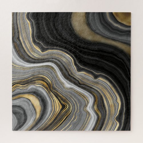 Gold And Black Agate Stone Marble Geode Modern Art Jigsaw Puzzle