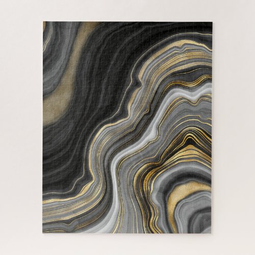 Gold And Black Agate Stone Marble Geode Modern Art Jigsaw Puzzle