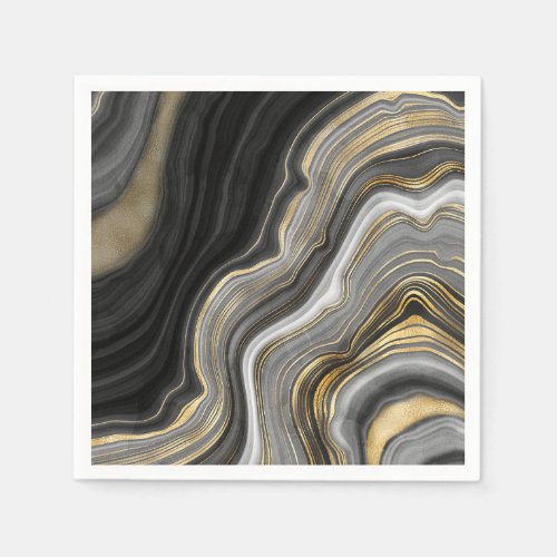 Gold And Black Agate Stone Marble Geode Modern Art Napkins