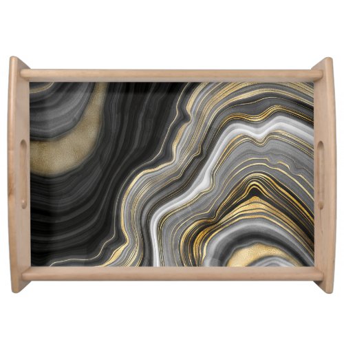 Gold And Black Agate Stone Marble Geode Modern Art Serving Tray
