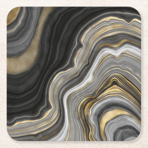 Gold And Black Agate Stone Marble Geode Modern Art Square Paper Coaster