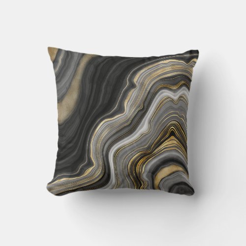 Gold And Black Agate Stone Marble Geode Modern Art Throw Pillow