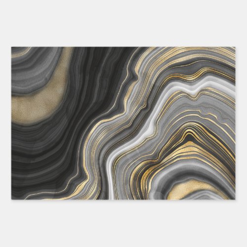 Gold And Black Agate Stone Marble Geode Modern Art Wrapping Paper Sheets