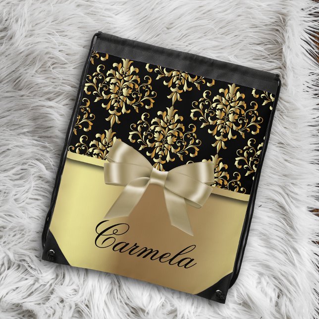 Gold And Black and Gold Glamour Damask Bow Tie Drawstring Bag (Creator Uploaded)