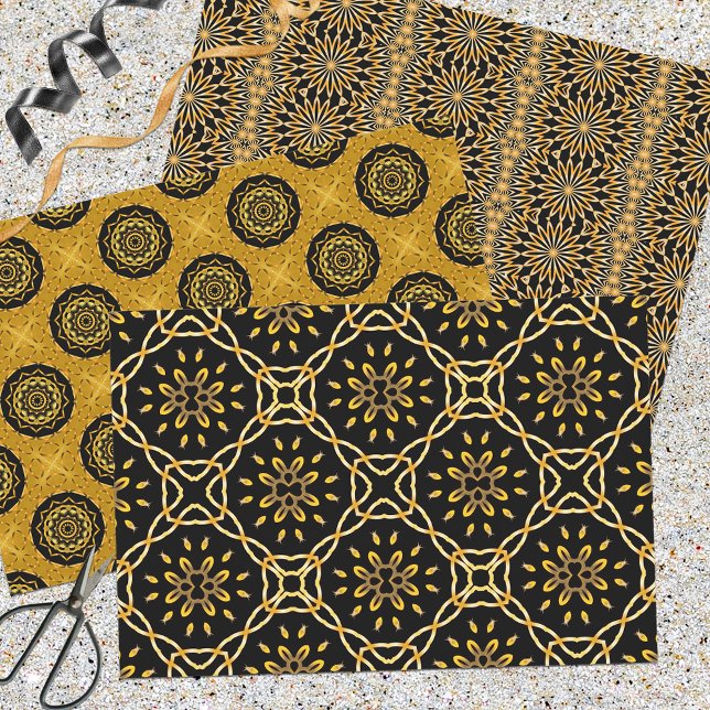 Gold and Black Arabesque Mosaic Geometric Patterns Wrapping Paper Sheets (Creator Uploaded)