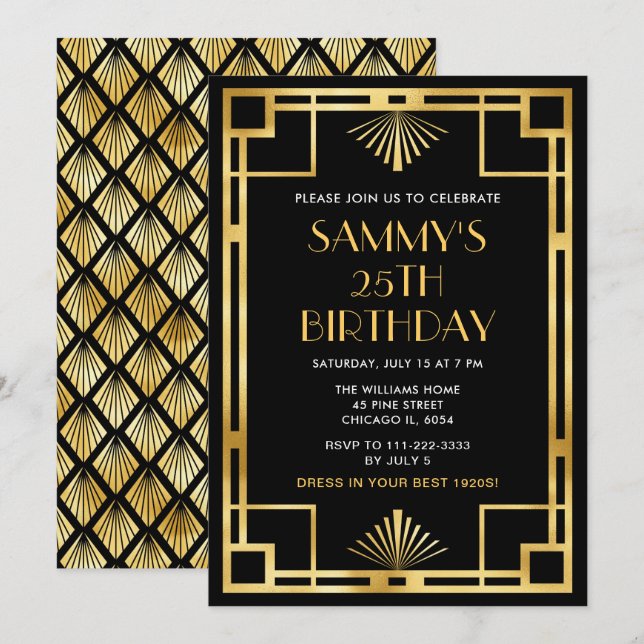 Gold and Black Art Deco Birthday Party Invitation (Front/Back)