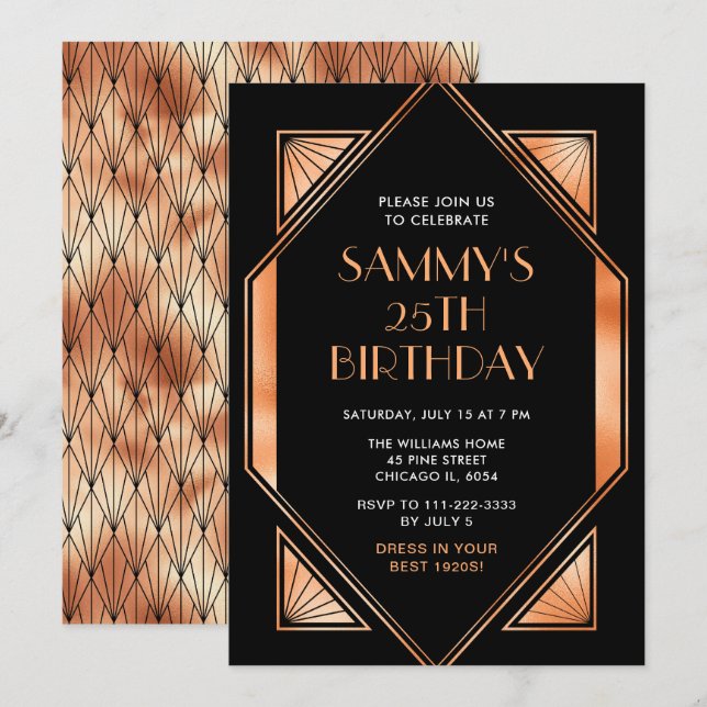 Gold and Black Art Deco Birthday Party Invitation (Front/Back)