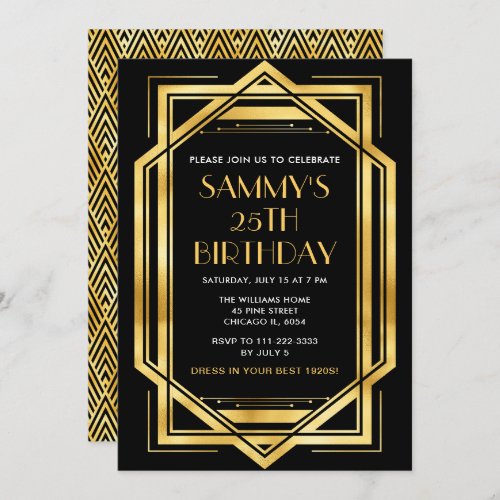 Gold and Black Art Deco Birthday Party Invitation