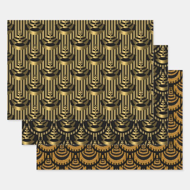Gold and Black Art Deco Elegant Wrapping Paper Sheets (Set)