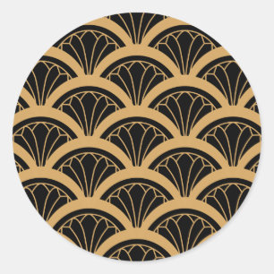 Gold and Black Art Deco Fan Flower Pattern Classic Round Sticker