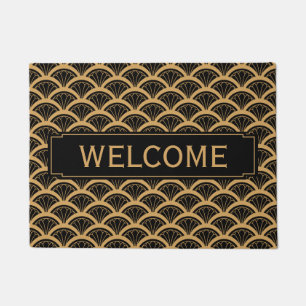 Gold and Black Art Deco Fan Flower Pattern Doormat