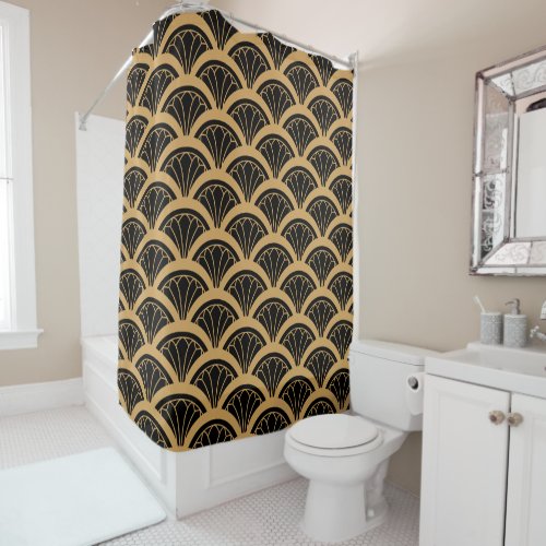 Gold and Black Art Deco Fan Flower Pattern   Shower Curtain