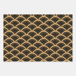 Gold and Black Art Deco Fan Flower Pattern   Wrapping Paper Sheets