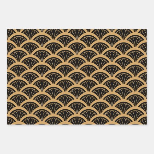 Gold and Black Art Deco Fan Flower Pattern   Wrapping Paper Sheets