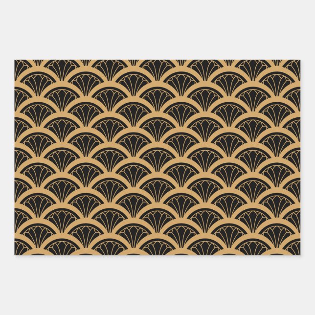 Gold and Black Art Deco Fan Flower Pattern   Wrapping Paper Sheets (Front)