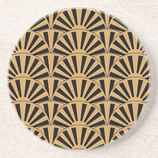Gold and Black Art Deco Fan Flowers Motif Drink Coaster (Front)