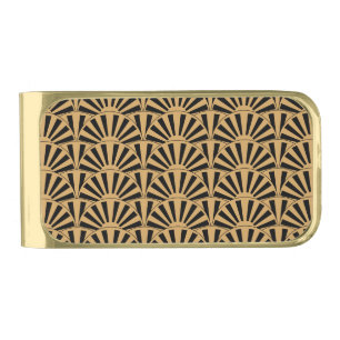 Gold and Black Art Deco Fan Flowers Motif Finish Money Clip