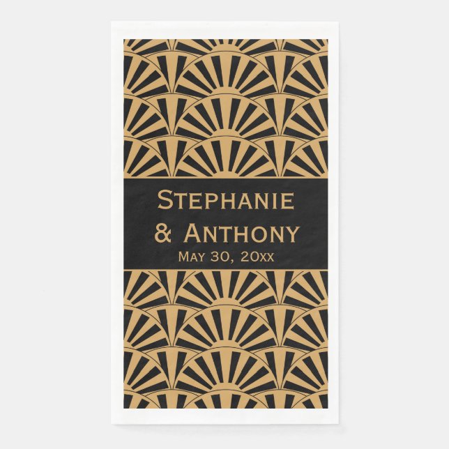 Gold and Black Art Deco Fan Flowers Wedding Paper Guest Towels (Front)