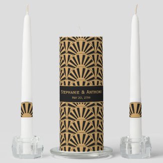 Gold and Black Art Deco Fan Flowers Wedding Unity Candle Set
