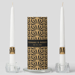 Gold and Black Art Deco Fan Flowers Wedding Unity Candle Set