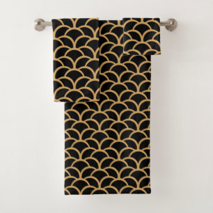 Gold and Black Art Deco Fish Scale Pattern   Bath Towel Set
