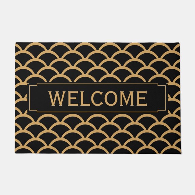 Gold and Black Art Deco Fish Scale Pattern Welcome Doormat (Front)