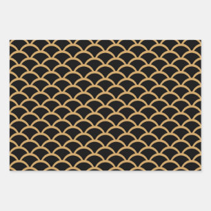 Gold and Black Art Deco Fish Scale Pattern Wrapping Paper Sheets