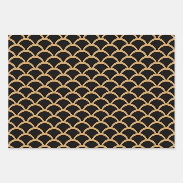 Gold and Black Art Deco Fish Scale Pattern Wrapping Paper Sheets (Front)