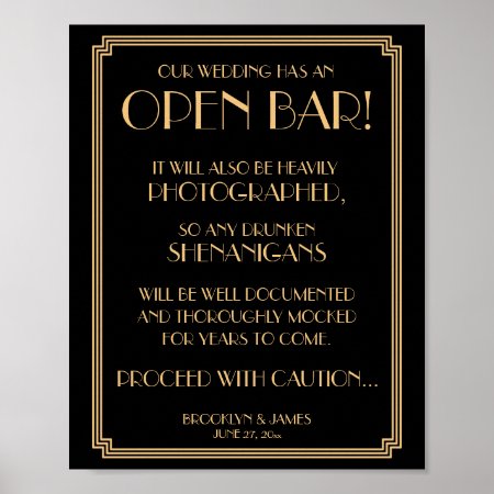 Gold And Black Art Deco Gatsby Open Bar Sign 8x10