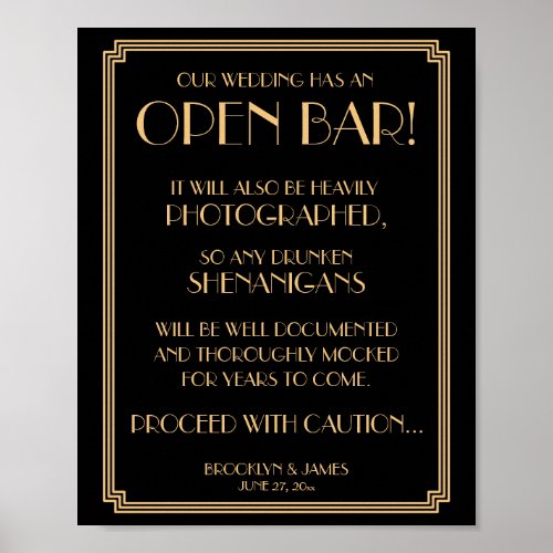 Gold And Black Art Deco Gatsby Open Bar Sign 8x10