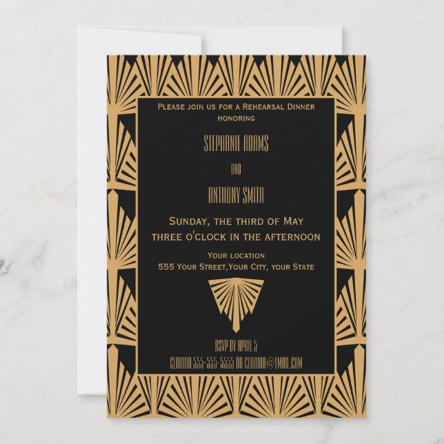 Gold and Black Art Deco Pattern Rehearsal Dinner Invitation (Front)