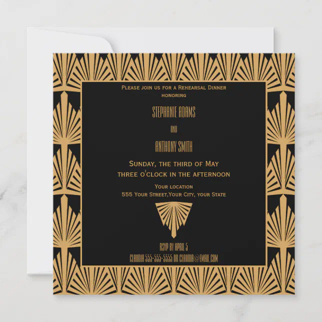 Gold And Black Art Deco Pattern Rehearsal Dinner Invitation Zazzle