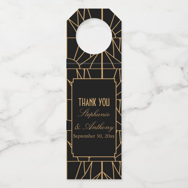 Gold and Black Art Deco Pattern Wedding Bottle Hanger Tag (Front)